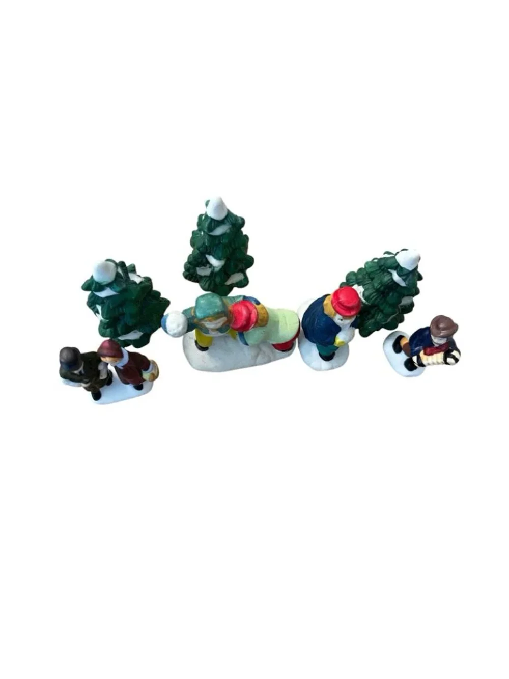 Miniature Village Victorian People Kids Snow Christmas Trees Ceramic Lot of 7
